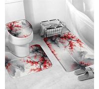 Set di 3 Tappetini da Bagno,Asian Cherry Japanese Chinese Mountain Plum Red Flower Comodi Tappetini Per WC Antiscivolo Tappeto a Forma di U per Vasche Bagno WC