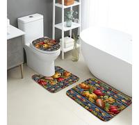 Set di 3 Tappetini da Bagno,Autumn Rustic Pumpkin Flowers Harvest Festive Antiscivolo Coperchio del WC Comodi Tappeto a Forma di U per WC Vasche Bagno