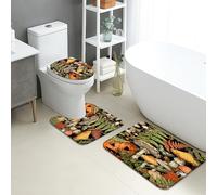 Set di 3 tappetini da bagno autunnali, con foglie e pietre rustiche, assorbenti, antiscivolo, a forma di U, lavabili, ispirati alla natura, ad asciugatura rapida, in flanella