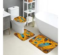 Set di 3 tappetini da bagno autunnali, vintage, con piume, acchiappasogni, assorbenti, antiscivolo, a forma di U, lavabili, rustici, bohémien, ad asciugatura rapida, in memory foam