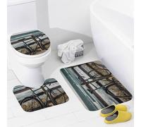 Set di 3 Tappetini da Bagno,Bicycle Leaning on Fence Lavabili Tappetino per WC Traspiranti Tappeto a Forma di U per Docce Vasche WC