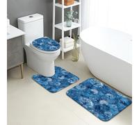 Set di 3 tappetini da bagno blu, motivo floreale ad acquerello, dente di leone, assorbente, antiscivolo, a forma di U, lavabile, in memory foam, ad asciugatura rapida, set di tappeti da bagno
