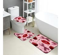 Set di 3 tappetini da bagno chic, con ciliegie e labbra e fiocco glitterati, antiscivolo, a forma di U, lavabili, decorazione primaverile ed estate, ad asciugatura rapida, in memory foam, set di