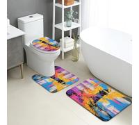 Set di 3 tappetini da bagno colorati con faro astratto, arte costiera astratta, antiscivolo, a forma di U, lavabili, ispirati all'oceano estivo ad asciugatura rapida, in memory foam, set di tappeti da