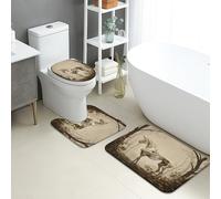 Set di 3 tappetini da bagno con animali selvatici, stampa vintage, assorbente, antiscivolo, a forma di U, lavabili, con foresta rustica, ad asciugatura rapida, in flanella