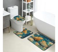 Set di 3 tappetini da bagno con capibara e ninfea, assorbenti e antiscivolo, a forma di U, lavabili, ispirati alla natura, ad asciugatura rapida, in flanella