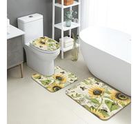 Set di 3 tappetini da bagno con girasole, motivo api floreali vintage, assorbenti, antiscivolo, a forma di U, lavabili, in memory foam, ad asciugatura rapida