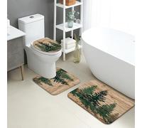 Set di 3 tappetini da bagno con motivo bosco, con alberi di pino verde rustico, assorbente, antiscivolo, a forma di U, lavabili, in legno naturale, ad asciugatura rapida, in flanella