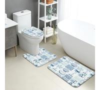 Set di 3 tappetini da bagno con motivo costiero, conchiglie nautiche e stelle marine, assorbenti e antiscivolo, a forma di U, lavabili, per estate, spiaggia, ad asciugatura rapida, in flanella