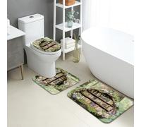 Set di 3 tappetini da bagno con motivo fiaba, foresta incantata, libreria, floreale, assorbente, antiscivolo, a forma di U, lavabile, in memory foam, primaverile