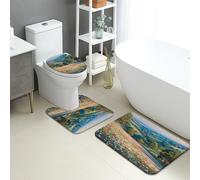 Set di 3 tappetini da bagno con motivo floreale, con vivaci fiori di campo e natura scenica, antiscivolo, a forma di U, lavabili, in memory foam, ad asciugatura rapida, set di tappeti da bagno in