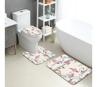 Set di 3 tappetini da bagno con motivo floreale, con vivaci uccelli e fiori di pesca, assorbenti, antiscivolo, a forma di U, lavabili, in flanella ad asciugatura rapida, set di tappeti da bagno in