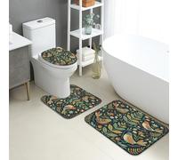 Set di 3 tappetini da bagno con motivo floreale e foglie di uccelli colorati, assorbenti e antiscivolo, a forma di U, lavabili, ispirati alla natura, in flanella ad asciugatura rapida
