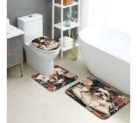 Set di 3 tappetini da bagno con motivo floreale, stile vintage, con cane Shih Tzu, assorbente, antiscivolo, a forma di U, lavabile, decorazione primaverile, ad asciugatura rapida, in memory foam, set