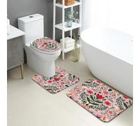 Set di 3 tappetini da bagno con motivo floreale, vivaci fiori di pesco e foglie verdi, assorbenti e antiscivolo, a forma di U, lavabili, decorazione primaverile, ad asciugatura rapida, in flanella