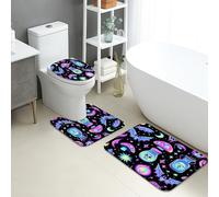 Set di 3 tappetini da bagno con motivo galassia, pianeti cosmici colorati, assorbenti, antiscivolo, a forma di U, lavabili, a tema spaziale, in flanella ad asciugatura rapida