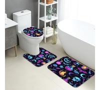 Set di 3 tappetini da bagno con motivo galassia, pianeti cosmici colorati, stelle, assorbenti, antiscivolo, a forma di U, lavabili, tema spaziale, in flanella ad asciugatura rapida