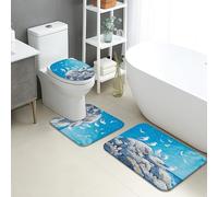 Set di 3 tappetini da bagno con motivo marittimo, gabbiani nautici, rocce da spiaggia, assorbenti, antiscivolo, a forma di U, lavabili, in memory foam, ad asciugatura rapida
