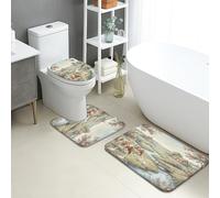 Set di 3 tappetini da bagno con paesaggi rustici, motivo animali del prato rustico, assorbenti e antiscivolo, a forma di U, lavabili, motivo floreale primaverile, ad asciugatura rapida, in flanella