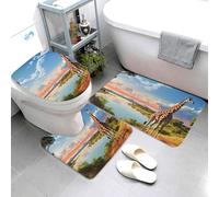 Set di 3 tappetini da bagno con paesaggio africano con fiume Nilo e giraffa, morbidi tappetini da bagno assorbenti e tappetino sagomato a forma di U, tappetino antiscivolo per bagno e doccia, 80 x 50