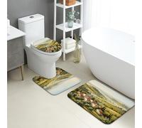 Set di 3 tappetini da bagno con paesaggio, stile classico, rustico, assorbente, antiscivolo, a forma di U, lavabili, ad asciugatura rapida, in flanella