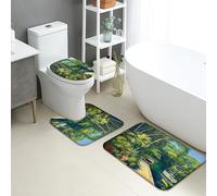 Set di 3 tappetini da bagno con paradiso tropicale, lussureggiante scena della giungla, assorbente, antiscivolo, a forma di U, lavabile, in memory foam, ad asciugatura rapida, set di tappeti da bagno