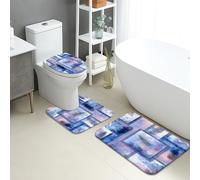 Set di 3 tappetini da bagno con piume astratte, artistico, blu, viola, acquerello, antiscivolo, a forma di U, lavabili, ad asciugatura rapida, in memory foam, per tutti i giorni