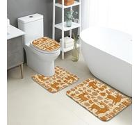 Set di 3 tappetini da bagno con stampa animalier, stile rustico, marrone, con creature della foresta assorbente, antiscivolo, a forma di U, lavabile, con motivo floreale autunnale ad asciugatura