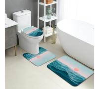 Set di 3 tappetini da bagno con tramonto e montagna, motivo onde dell'oceano, assorbenti e antiscivolo, a forma di U, lavabili, estivi, costieri, ad asciugatura rapida, in flanella