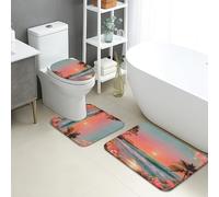 Set di 3 tappetini da bagno con tramonto tropicale, con palme e fiori vivaci, assorbenti e antiscivolo, a forma di U, lavabili, per l'estate, la spiaggia, ad asciugatura rapida, in memory foam, set di