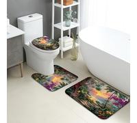 Set di 3 tappetini da bagno con tramonto tropicale, vibrante paradiso floreale, assorbente, antiscivolo, a forma di U, lavabile, set di tappeti da bagno in memory foam ad asciugatura rapida
