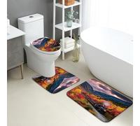 Set di 3 tappetini da bagno con treno autunnale, scenografico vintage, locomotiva con foglie, assorbente, antiscivolo, a forma di U, lavabile, in memory foam, ad asciugatura rapida, set di tappeti da