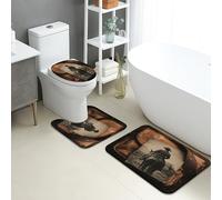 Set di 3 tappetini da bagno Cowboy, stile rustico, con scena occidentale, assorbente, antiscivolo, a forma di U, lavabile, con sella vintage, ad asciugatura rapida, in memory foam, set da bagno