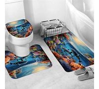 Set di 3 Tappetini da Bagno,Dolphin Coral Reef Seaweed Underwater Tropical Fish Antiscivolo Coperchio del WC Asciugatura Rapida Tappetino a Forma di U per Vasche Bagno Docce