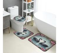 Set di 3 tappetini da bagno eleganti, con cigni neri e fiori, assorbenti e antiscivolo, a forma di U, lavabili, vintage, rosa, ad asciugatura rapida, in memory foam