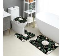 Set di 3 tappetini da bagno eleganti, motivo floreale camelia bianca, assorbente, antiscivolo, a forma di U, lavabili, ad asciugatura rapida, in flanella