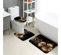 Set di 3 tappetini da bagno eleganti, motivo floreale con ninfee nere, assorbenti e antiscivolo, a forma di U, lavabili, con fioritura notturna, ad asciugatura rapida, in flanella