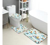 Set di 3 tappetini da bagno estivi, colorati scenari da spiaggia, assorbenti, antiscivolo, a forma di U, lavabili, in flanella ad asciugatura rapida