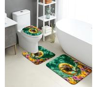 Set di 3 tappetini da bagno estivi con gatto floreale con anello galleggiante, assorbente, antiscivolo, a forma di U, lavabile, con fiori vivaci, ad asciugatura rapida, in memory foam, set di tappeti