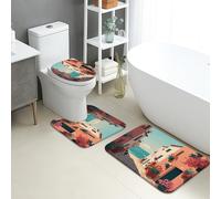 Set di 3 tappetini da bagno estivi con paesaggi costieri e paesaggi di villaggio costiero, tappetini da bagno antiscivolo a forma di U, lavabili, vibranti tappeti da bagno mediterranei ad asciugatura