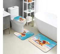 Set di 3 tappetini da bagno estivi, motivo: bassotto giocoso con design da spiaggia, assorbente, antiscivolo, a forma di U, lavabile, colorato, in memory foam, ad asciugatura rapida, set di tappeti da