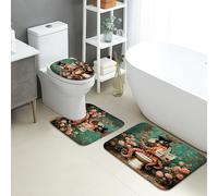Set di 3 tappetini da bagno fantasiosi, motivo floreale di polipo, assorbente, antiscivolo, a forma di U, lavabili, arte vintage, ad asciugatura rapida, in memory foam
