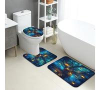 Set di 3 tappetini da bagno fantasy, con foresta incantata, casa sull'albero, assorbente, antiscivolo, a forma di U, lavabile, in memory foam, ad asciugatura rapida, ad asciugatura rapida