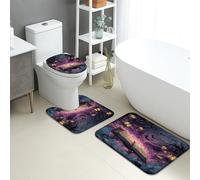 Set di 3 tappetini da bagno fantasy, motivo: libro incantato, cielo notturno, assorbente, antiscivolo, a forma di U, lavabile, magico sogno ad asciugatura rapida, in flanella