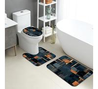 Set di 3 tappetini da bagno geometrici moderni, colore blu navy e rame, antiscivolo, a forma di U, lavabili, contemporanei, ad asciugatura rapida, in memory foam