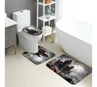 Set di 3 Tappetini da Bagno,Halloween Spooky Black Grey Haunted House Antiscivolo Coperchio del WC Traspiranti Tappetino a Forma di U per WC Bagno Vasche