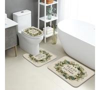 Set di 3 tappetini da bagno in eucalipto, Bless This Home, assorbenti e antiscivolo, a forma di U, lavabili, motivo floreale primaverile, ad asciugatura rapida, in flanella