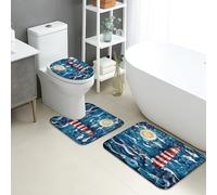 Set di 3 tappetini da bagno in memory foam, motivo nautico con onde faro, assorbenti e antiscivolo, lavabili, a forma di U, per estate, spiaggia, ad asciugatura rapida, in memory foam