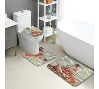 Set di 3 tappetini da bagno in stile costiero, con conchiglie e fiori, assorbenti e antiscivolo, a forma di U, lavabili, estivi, spiaggia, ad asciugatura rapida, in flanella