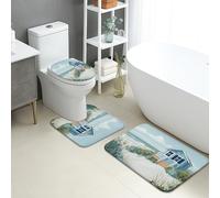 Set di 3 tappetini da bagno in stile costiero, con paesaggio di casa sulla spiaggia, assorbente, antiscivolo, a forma di U, lavabili, in flanella ad asciugatura rapida, set di tappeti da bagno estivi